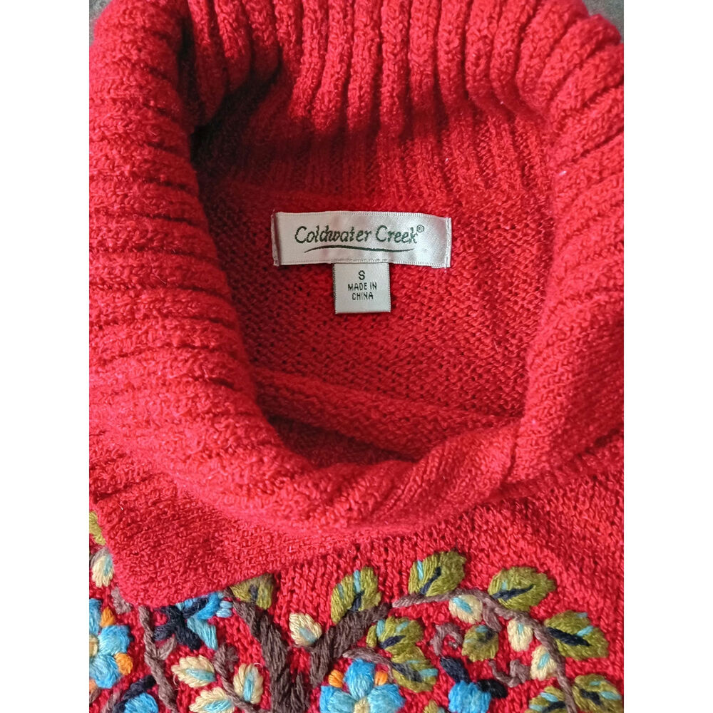 Coldwater Creek Vintage Red Knit Turtleneck Sweater Floral Embroidered Heart - Picture 2 of 7
